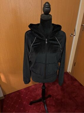 Victoria's Secret Black Velour Zip Hoodie with Gold VS Charm
